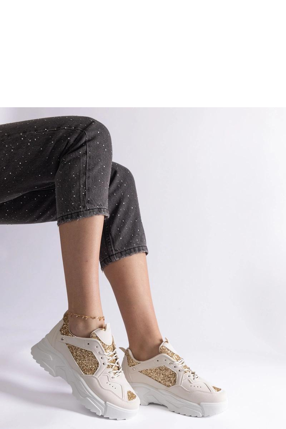 Beżowe sneakersy damskie z brokatowymi wstawkami Caraballo - Solea - obrazek 2