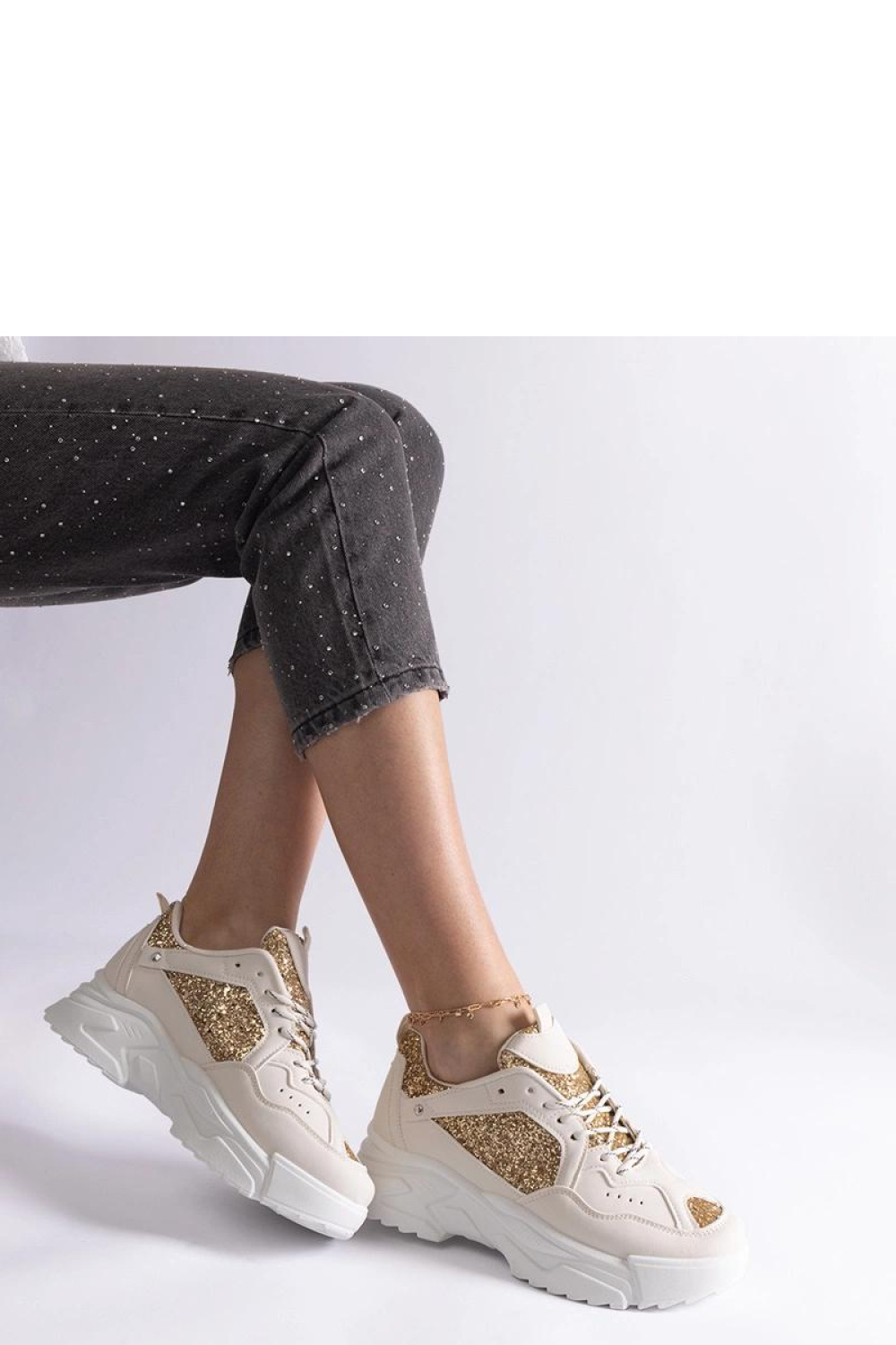 Beżowe sneakersy damskie z brokatowymi wstawkami Caraballo - Solea - obrazek 3