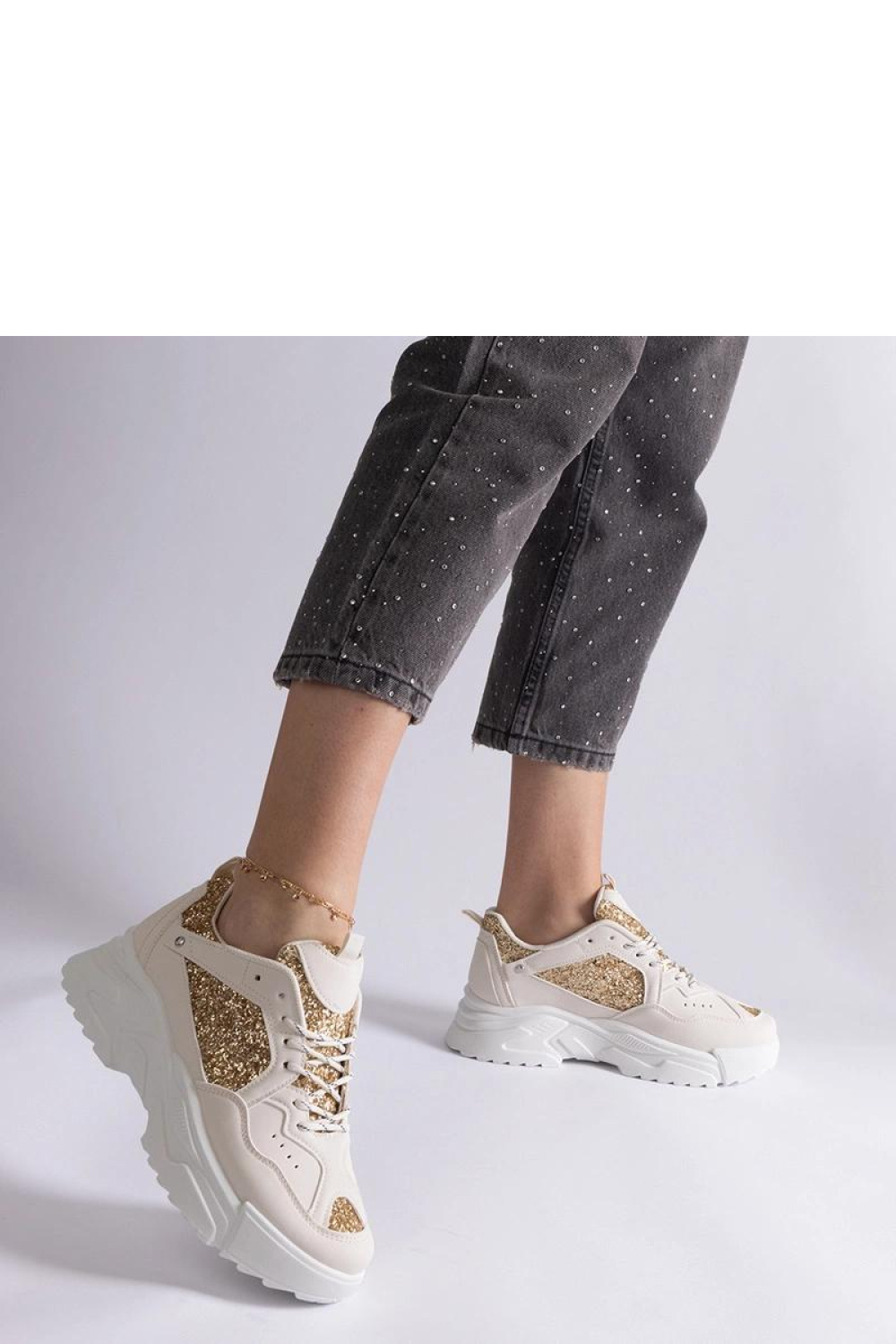 Beżowe sneakersy damskie z brokatowymi wstawkami Caraballo - Solea - obrazek 4