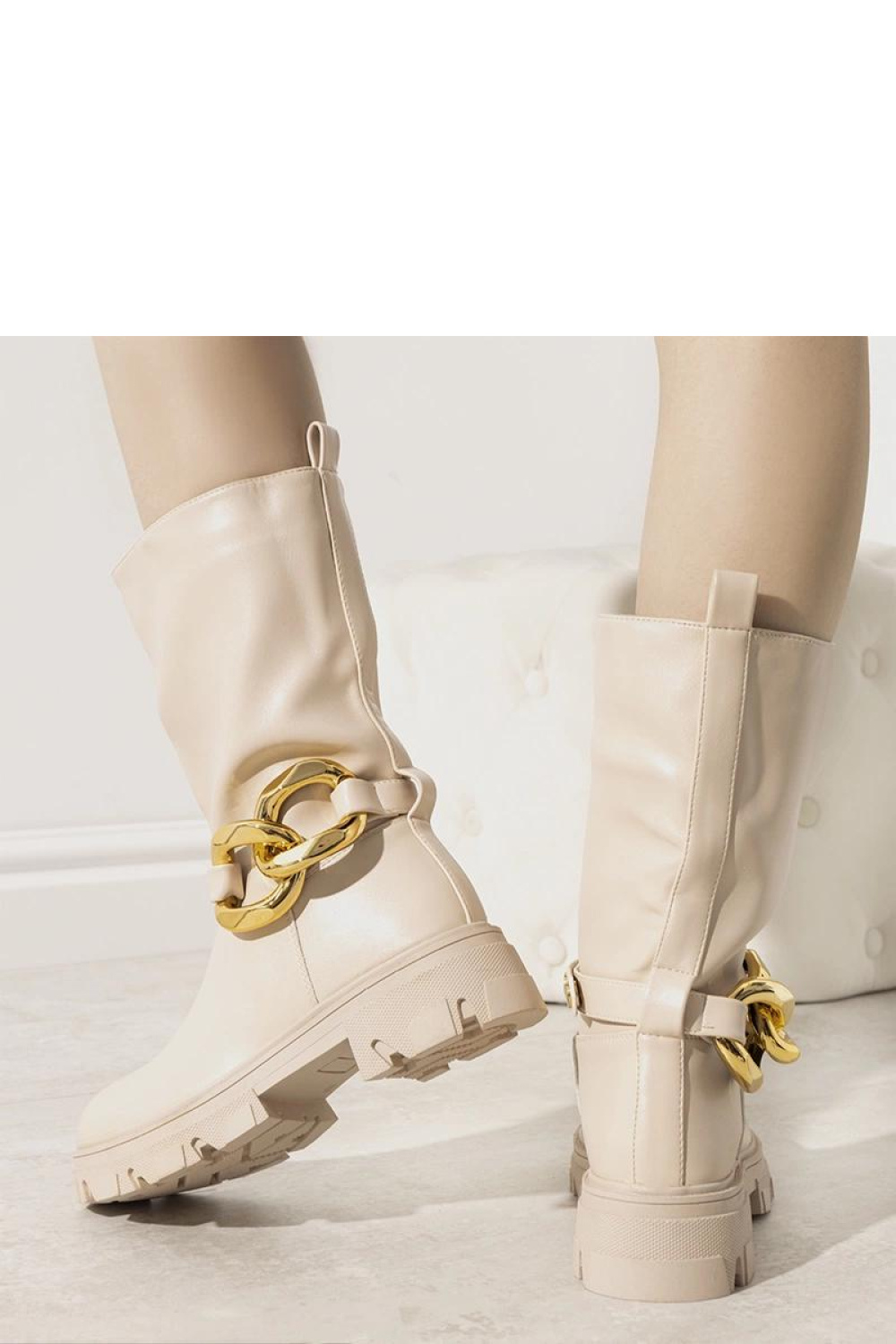 Beżowe ocieplane botki z łańcuchem Harrison - Solea - obrazek 2