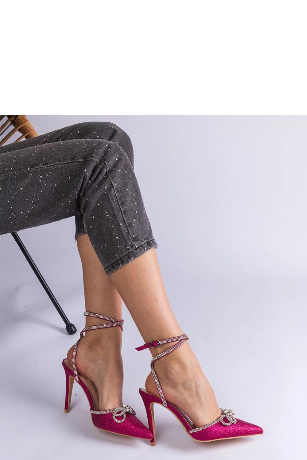 Różowe szpilki brokatowe z kokardką i cyrkoniami Merkuri - Solea - obrazek 3