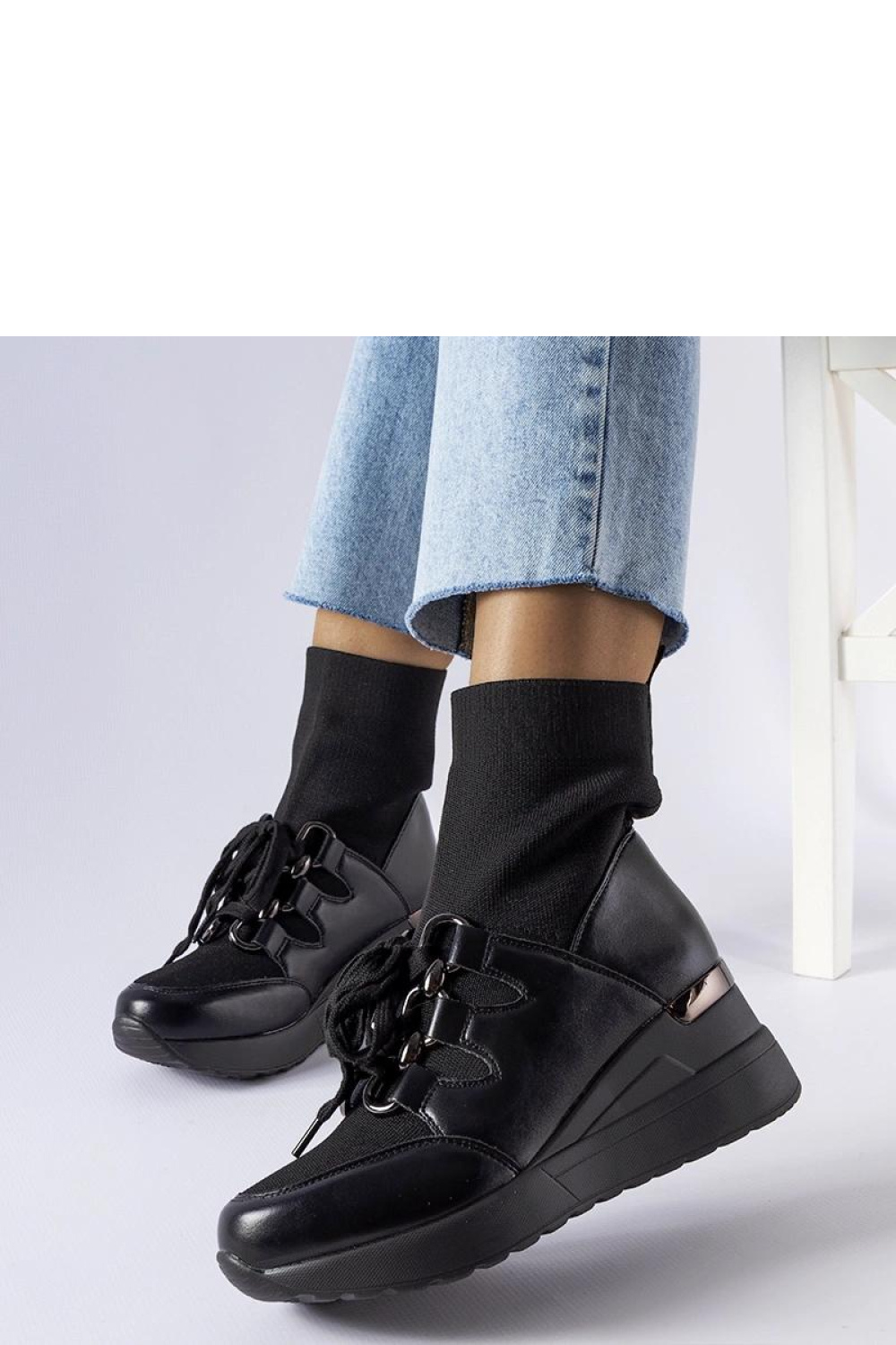 Czarne skarpetkowe botki na koturnie Rochon - Solea - obrazek 3