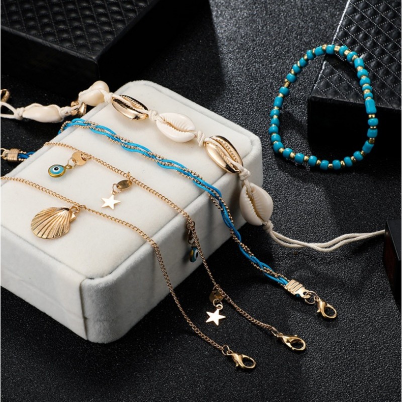 Bransoletka na stopę 5w1 złota koraliki niebieskie B496 - obrazek 3