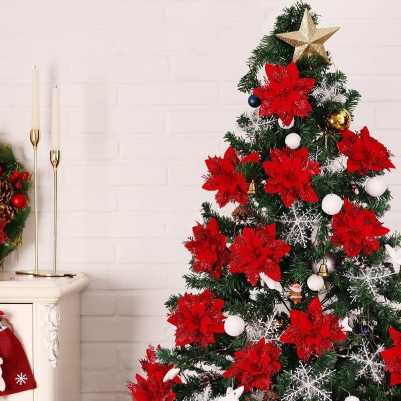 Kwiat na choinkę z klipsem BOŻE NARODZENIE XXL 14 cm brokat czerwony WOZ04CZE - obrazek 2