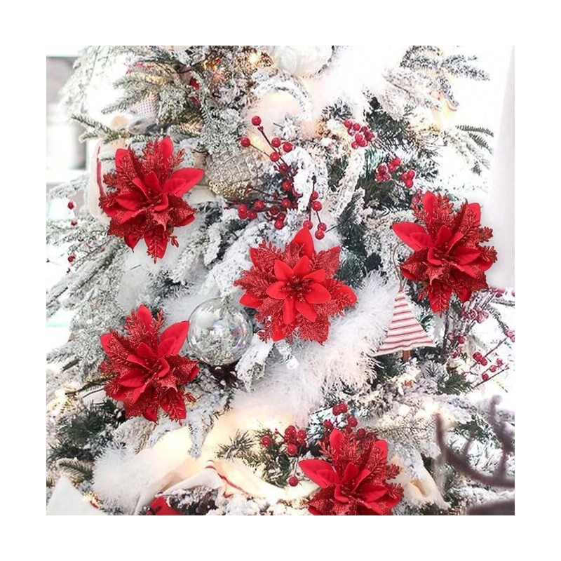 Kwiat na choinkę z klipsem BOŻE NARODZENIE XXL 14 cm brokat czerwony WOZ04CZE - obrazek 3