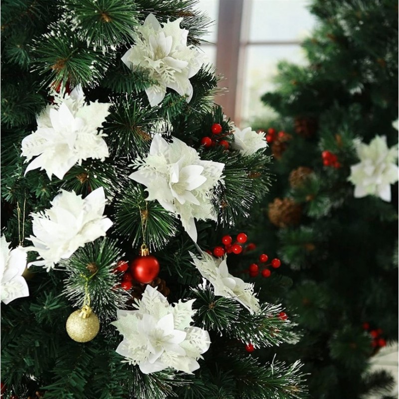 Kwiat na choinkę z klipsem BOŻE NARODZENIE XXL 14 cm brokat biały WOZ04B - obrazek 3