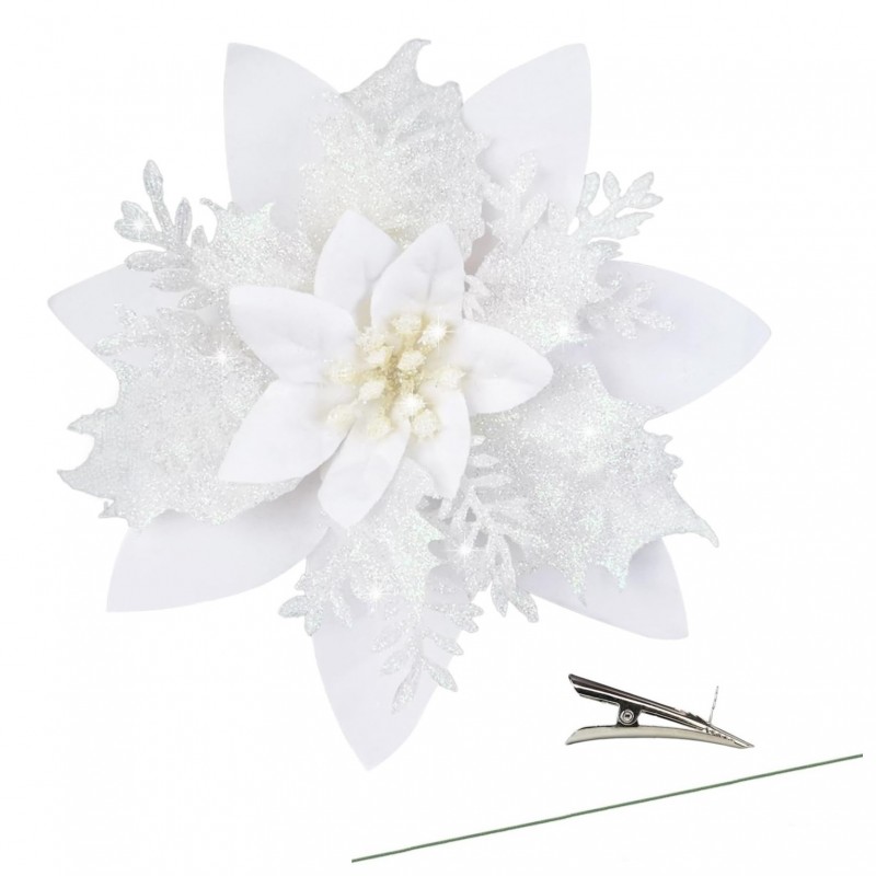 Kwiat na choinkę z klipsem BOŻE NARODZENIE XXL 14 cm brokat biały WOZ04B - obrazek 4