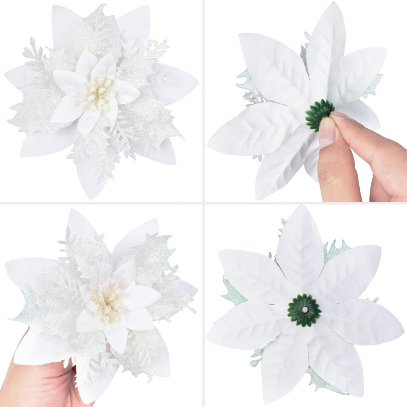 Kwiat na choinkę z klipsem BOŻE NARODZENIE XXL 14 cm brokat biały WOZ04B - obrazek 5