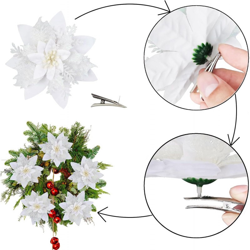 Kwiat na choinkę z klipsem BOŻE NARODZENIE XXL 14 cm brokat biały WOZ04B - obrazek 6