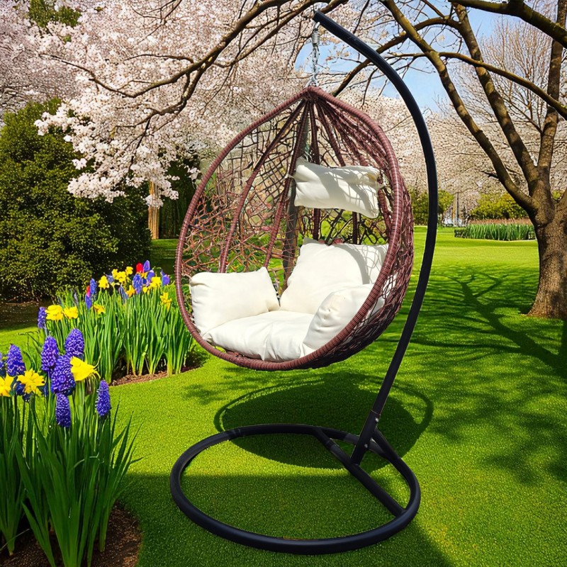 Fotel wiszący, huśtawka kokon brązowy z jasnymi poduszkami KR23BR - obrazek 3