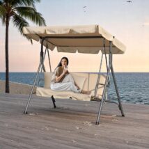 Huśtawka ogrodowa 3-osobowa z baldachimem i 2 poduszkami, beżowa HO01K