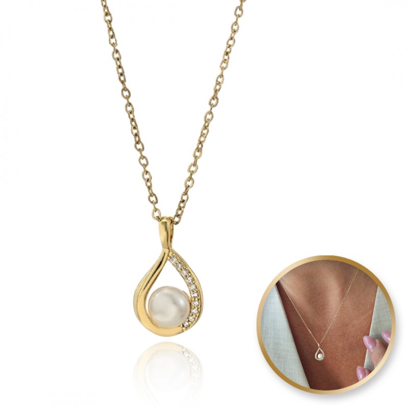 Naszyjnik stal szlachetna pozłacana 14k złotem - perła, cyrkonie NST2204 - obrazek 2