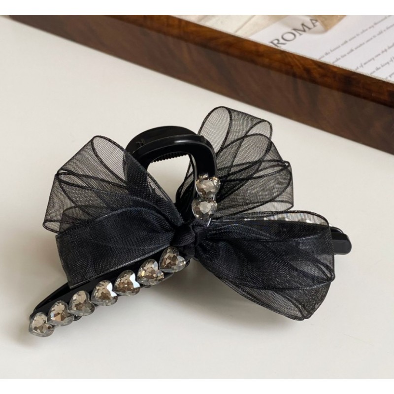 Spinka klamra do włosów z serduszkami i kokardą XL 11x5 cm czarna SP343CZ - obrazek 3