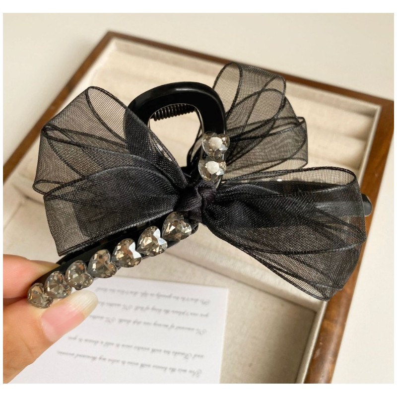 Spinka klamra do włosów z serduszkami i kokardą XL 11x5 cm czarna SP343CZ - obrazek 4