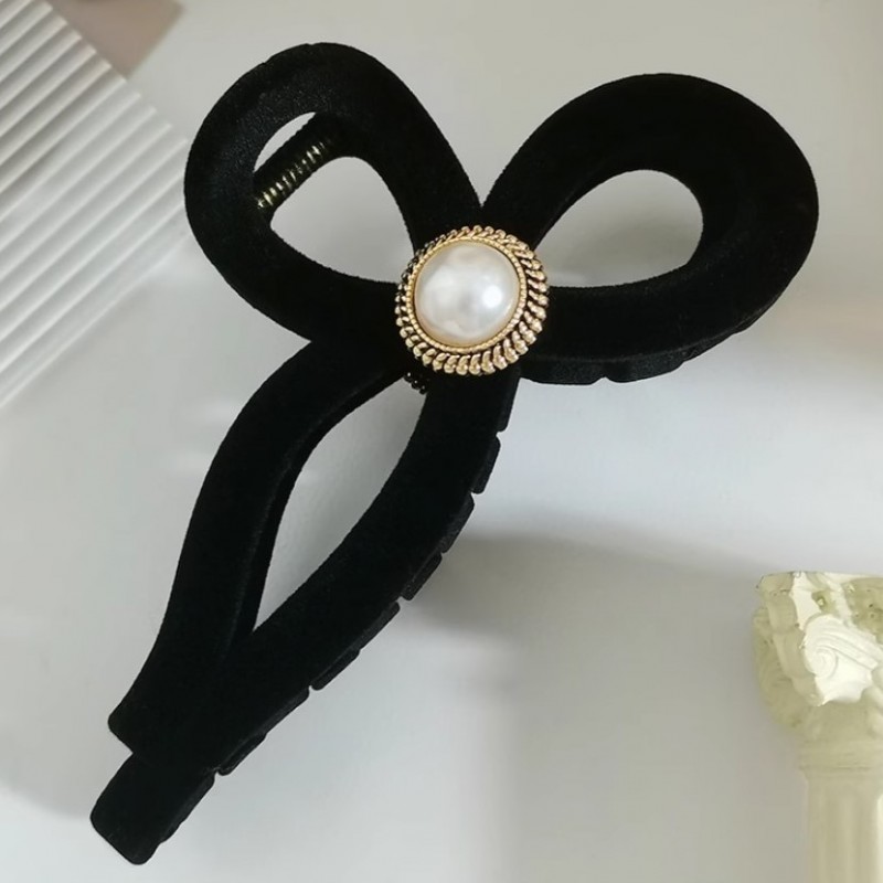 Spinka do włosów, klamra Vintage velvet czarna z perłą XL 11x6cm SP336 - obrazek 2