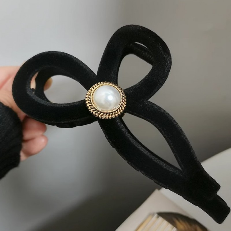 Spinka do włosów, klamra Vintage velvet czarna z perłą XL 11x6cm SP336 - obrazek 3
