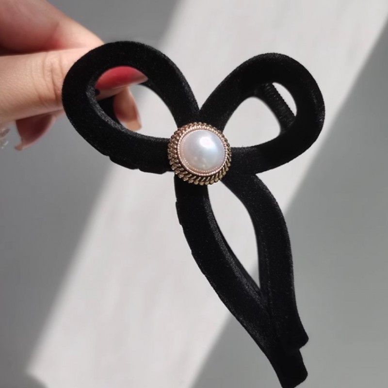 Spinka do włosów, klamra Vintage velvet czarna z perłą XL 11x6cm SP336 - obrazek 5