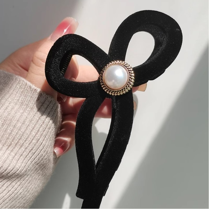 Spinka do włosów, klamra Vintage velvet czarna z perłą XL 11x6cm SP336 - obrazek 6