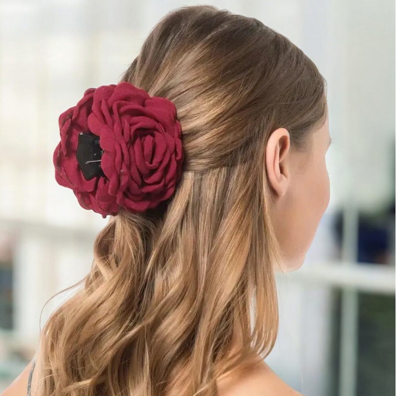 Spinka do włosów duża klamra XL kwiat róża bordowa 9cm SP288BOR - obrazek 3