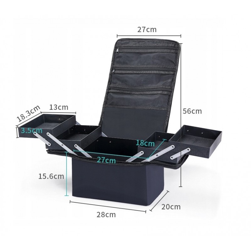 Czarna kosmetyczka rozkładana elegancki kuferek organizer na kosmetyki przenośna 25x28x20cm CB45 - obrazek 2