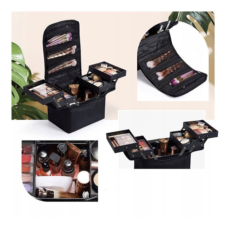 Czarna kosmetyczka rozkładana elegancki kuferek organizer na kosmetyki przenośna 25x28x20cm CB45 - obrazek 4