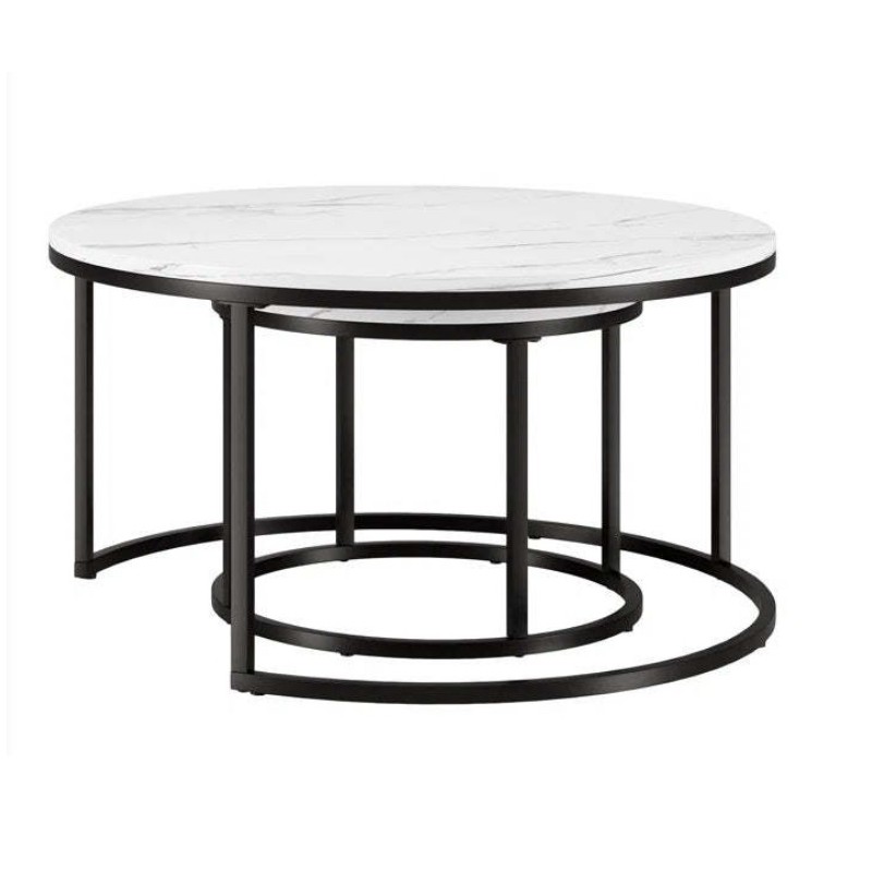 Zestaw okrągłych stolików kawowych 2w1 biało czarny marmur 60 i 80 cm STL14BCZ - obrazek 3