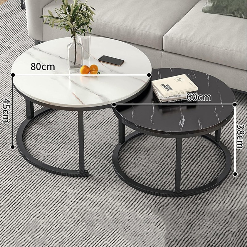 Zestaw okrągłych stolików kawowych 2w1 biało czarny marmur 60 i 80 cm STL14BCZ - obrazek 2
