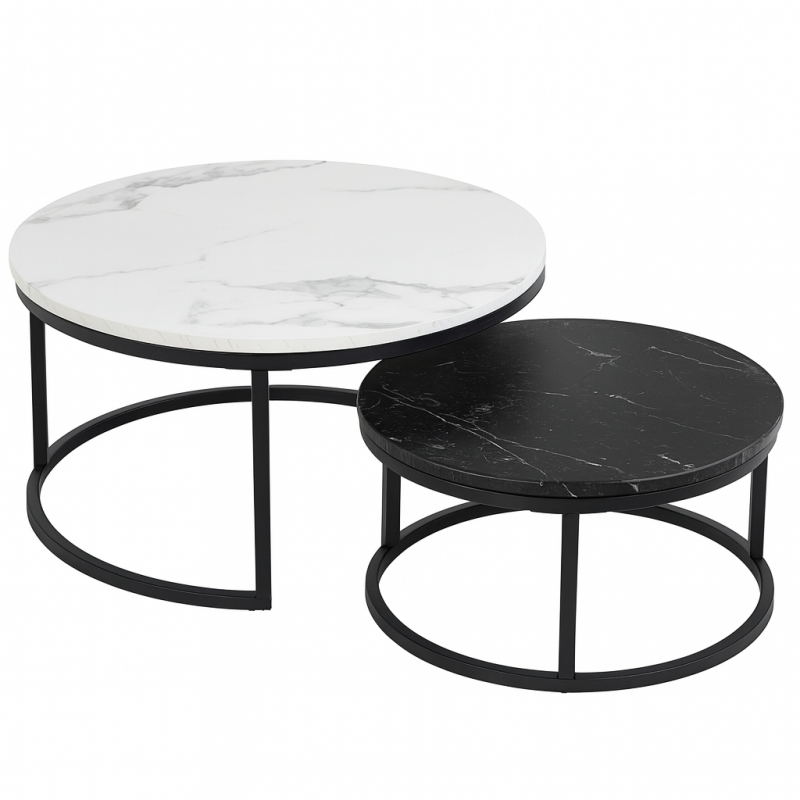 Zestaw okrągłych stolików kawowych 2w1 biało czarny marmur 60 i 80 cm STL14BCZ - obrazek 4