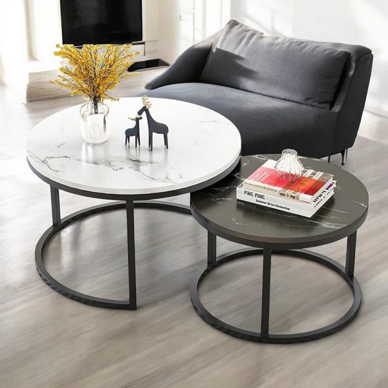 Zestaw okrągłych stolików kawowych 2w1 biało czarny marmur 60 i 80 cm STL14BCZ - obrazek 5