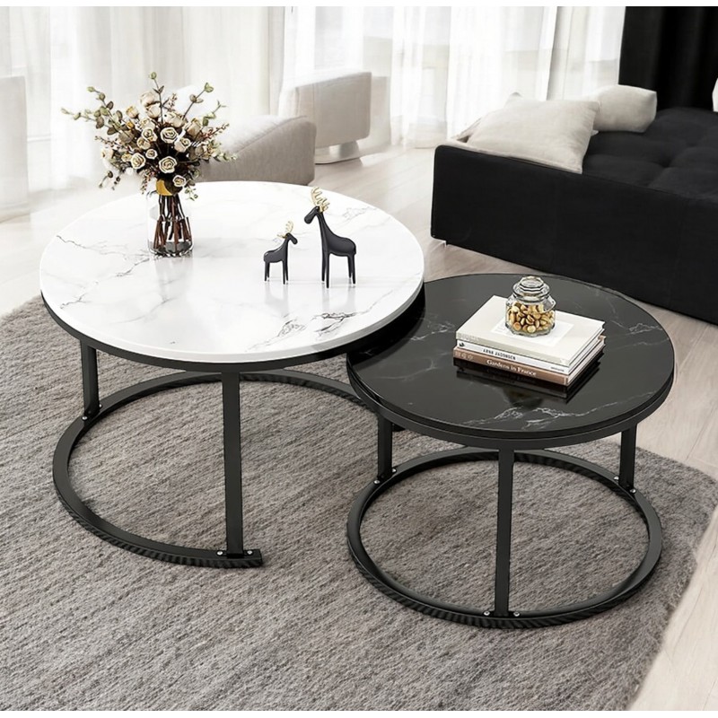 Zestaw okrągłych stolików kawowych 2w1 biało czarny marmur 60 i 80 cm STL14BCZ - obrazek 6