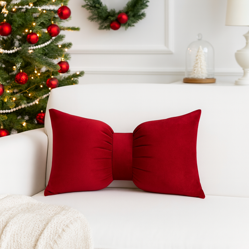 Aksamitna poduszka dekoracyjna, czerwona kokarda duża, 30x50 cm PDS23 - obrazek 2