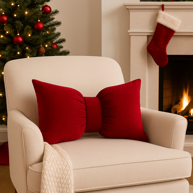 Aksamitna poduszka dekoracyjna, czerwona kokarda duża, 30x50 cm PDS23 - obrazek 3