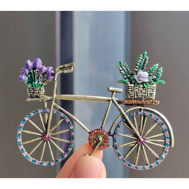 Broszka ozdobna kryształki KOLOROWY ROWER z kwiatami BZ168 - obrazek 2
