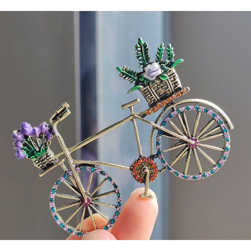 Broszka ozdobna kryształki KOLOROWY ROWER z kwiatami BZ168 - obrazek 3