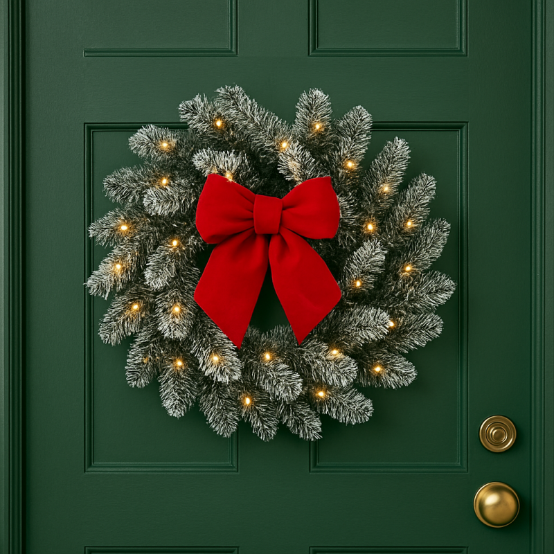 Girlanda wieniec ozdobny na drzwi 50cm choinka ośnieżona z lampkami 50 LED WSN30