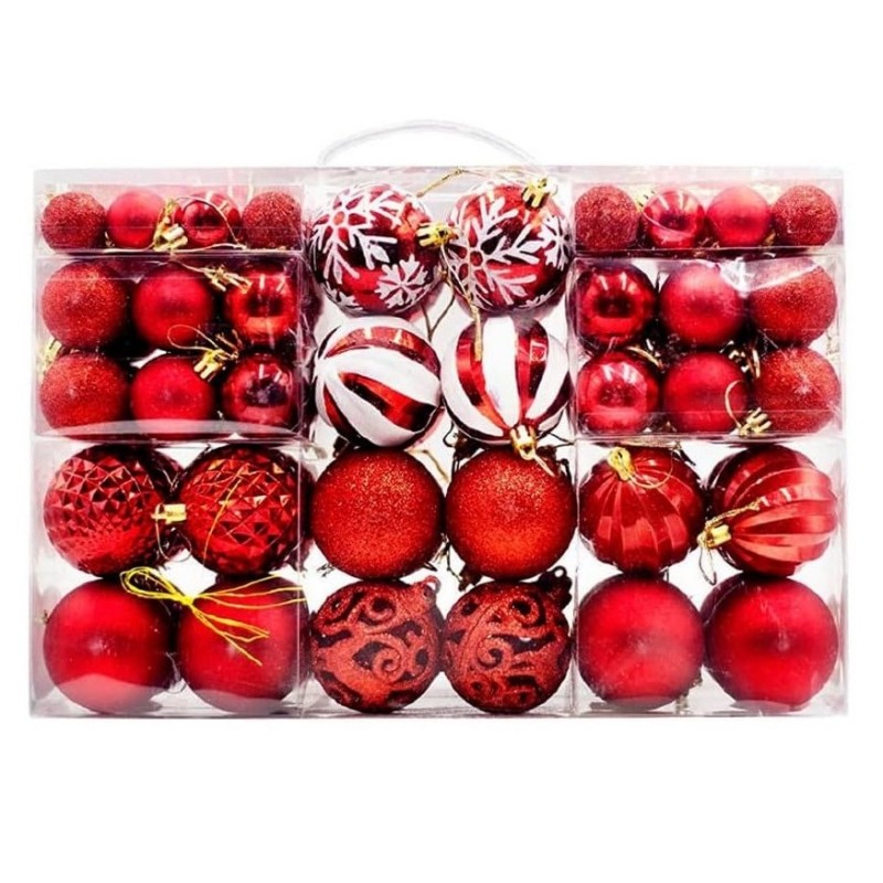Komplet bombek bożonarodzeniowych 100szt. + gwiazda choinkowa, czerwono białe BSN66 - obrazek 2