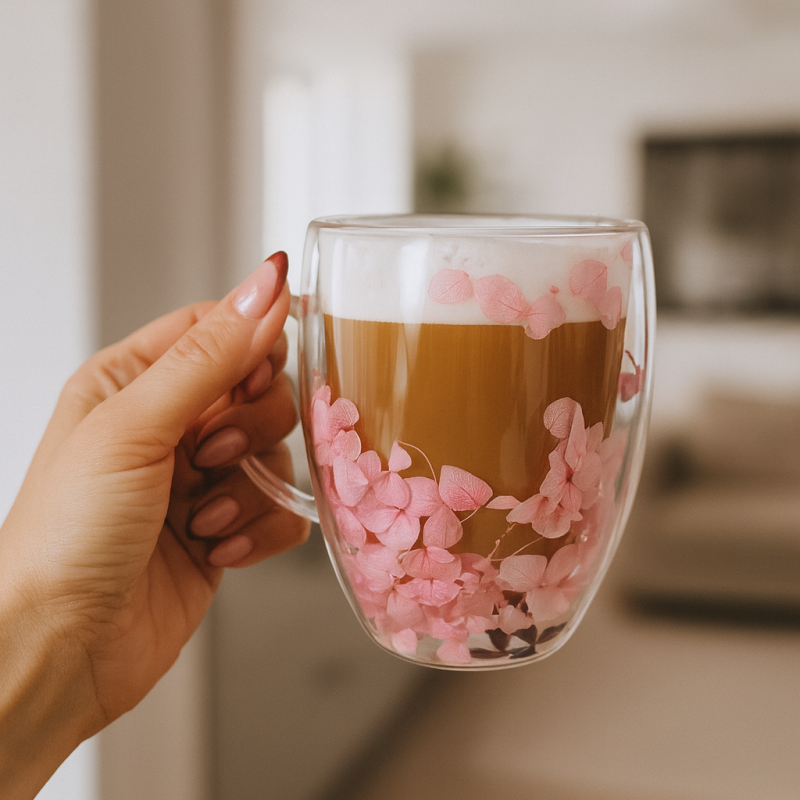 Szklanka termiczna z kwiatami w środku, gipsówka hortensje róż 300 ml 1szt SZK165 - obrazek 6