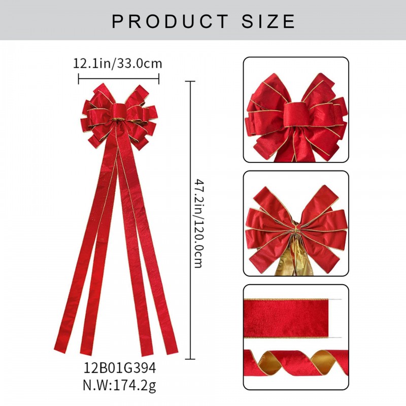 Duża czerwona kokarda XL ozdoba świąteczna na drzwi, choinkę welur 33 x 120cm WOZ44 - obrazek 3