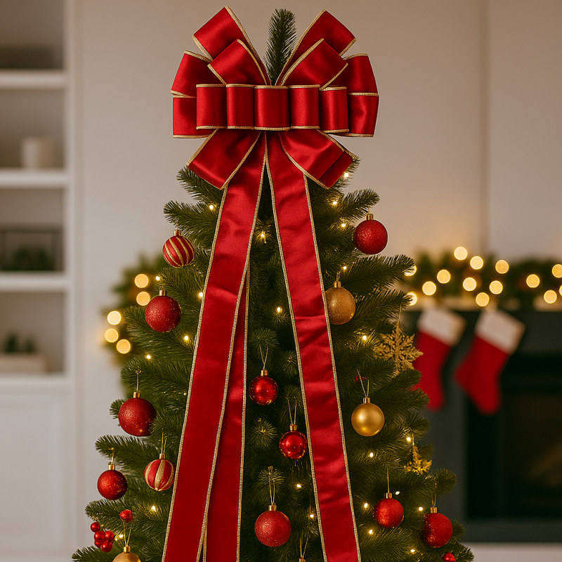 Duża czerwona kokarda XL ozdoba świąteczna na drzwi, choinkę welur 33 x 120cm WOZ44 - obrazek 4