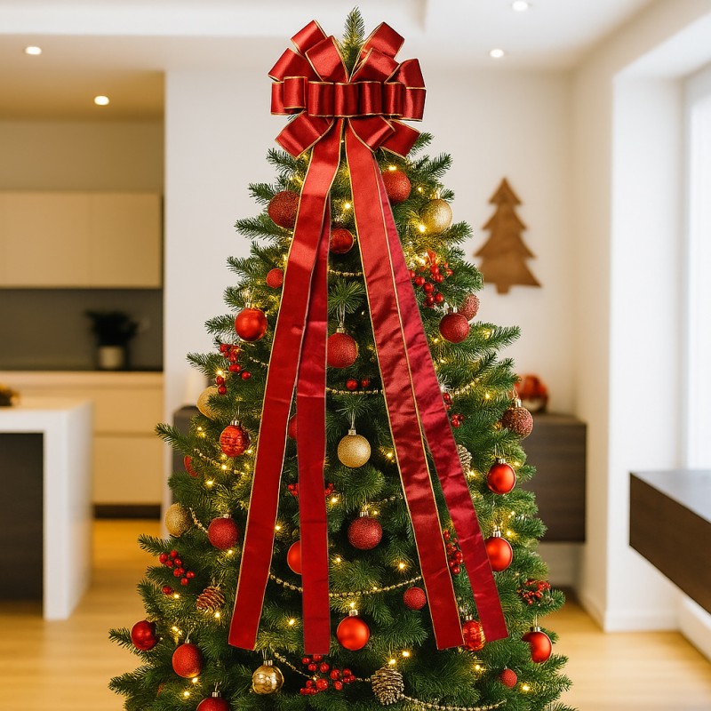 Duża czerwona kokarda XL ozdoba świąteczna na drzwi, choinkę welur 33 x 120cm WOZ44 - obrazek 5