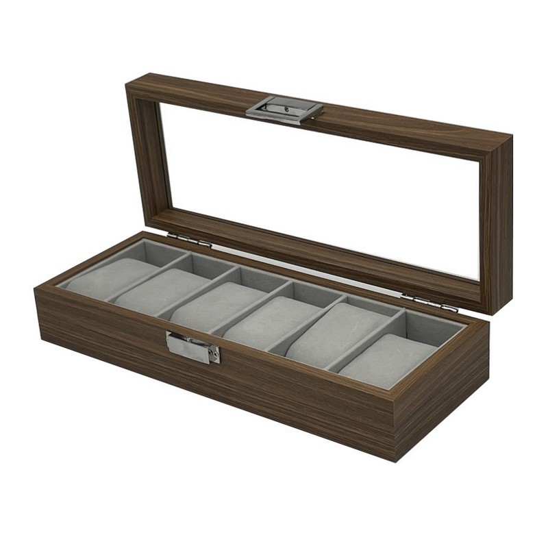 Szkatułka na 6 zegarków, etui, organizer zamykany ze szkłem 31x12x7,5cm PDMDF04 - obrazek 5