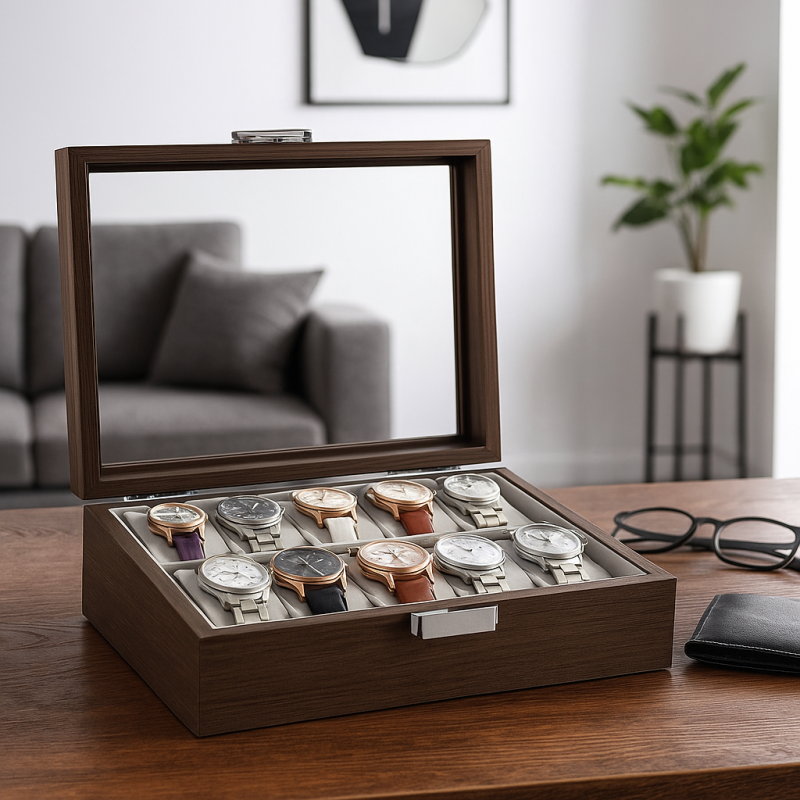 Szkatułka na 10 zegarków, etui, organizer zamykany ze szkłem 26x21cm PDMDF05