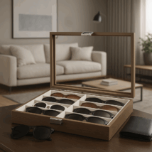 Szkatułka 8 przegródek na okulary lub akcesoria, etui organizer, szkło PDMDF07