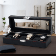 Szkatułka pudełko na zegarki 6szt, etui, Karbon czarny, czerwone przeszycia, szkło PD59