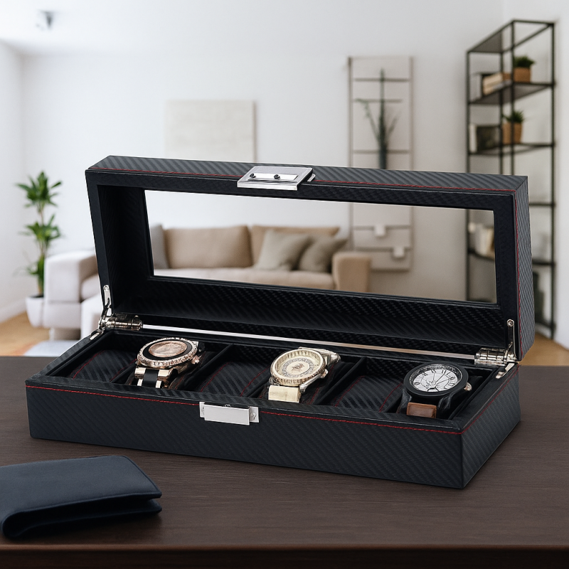 Szkatułka pudełko na zegarki 6szt, etui, Karbon czarny, czerwone przeszycia, szkło PD59