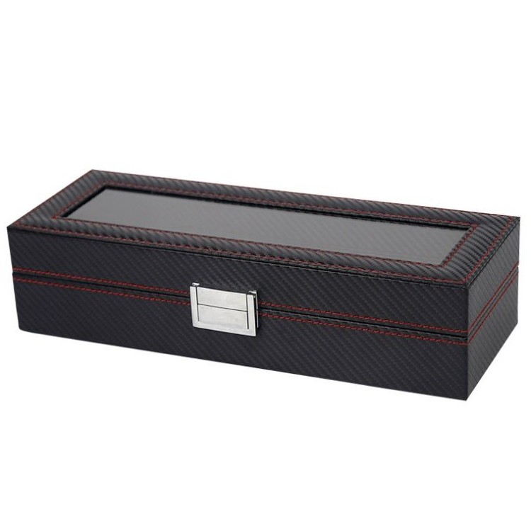 Szkatułka pudełko na zegarki 6szt, etui, Karbon czarny, czerwone przeszycia, szkło PD59 - obrazek 3