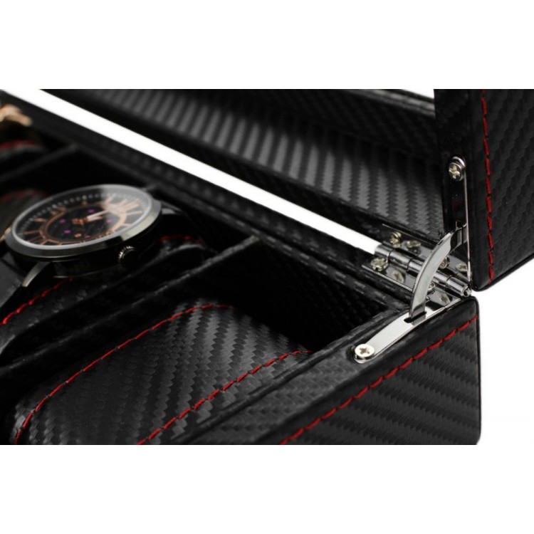 Szkatułka pudełko na zegarki 6szt, etui, Karbon czarny, czerwone przeszycia, szkło PD59 - obrazek 5