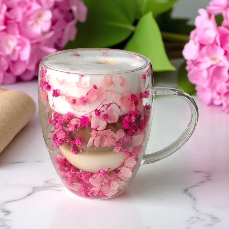 Szklanka termiczna z kwiatami w środku, gipsówka hortensje róż 300 ml 1szt SZK149 - obrazek 2