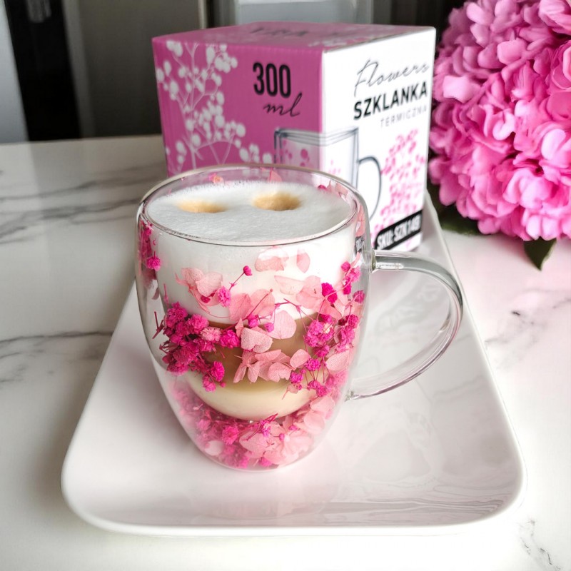 Szklanka termiczna z kwiatami w środku, gipsówka hortensje róż 300 ml 1szt SZK149 - obrazek 3