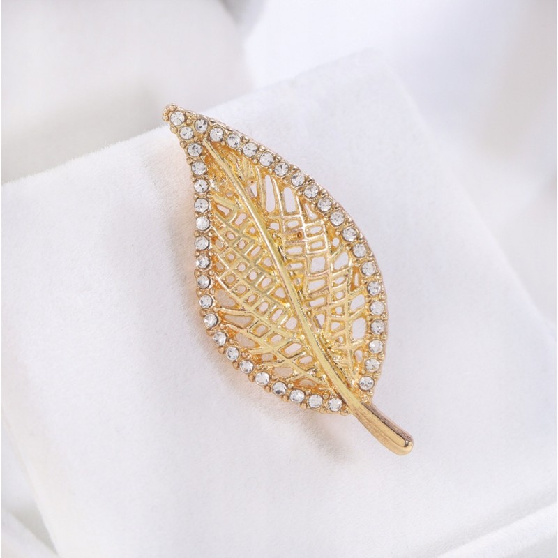 Broszka ozdobna - złoty liść z cyrkoniami BZ212 - obrazek 3